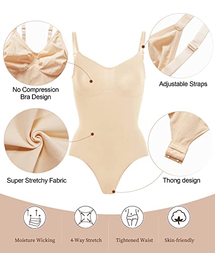 SHAPERX Bodysuit for Women Tummy Control Shapewear Seamless Sculpting Thong Body Shaper, SZ5215-Beige-S/M