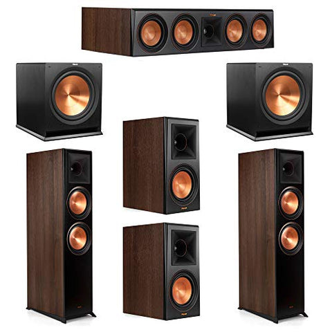 Klipsch 5.2 Walnut System 2 RP-8000F Floorstanding Speakers, 1 Klipsch RP-504C Center Speaker, 2 Klipsch RP-600M Surround Speakers, 2 Klipsch SPL-120 Subwoofers