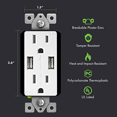 TOPGREENER High Speed USB Charger Outlet, USB Wall Charger, Electrical Outlet with USB, 15A TR Receptacle, Decorator Wall Plate, UL Listed, TU2154A, White