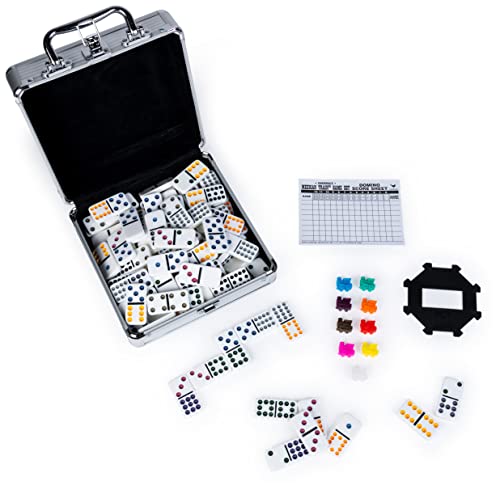 Mexican Train Dominoes Set Tile Board Game in Aluminum Carry Case with Colorful Trains for Family Game Night, for Adults and Kids Ages 8 and up