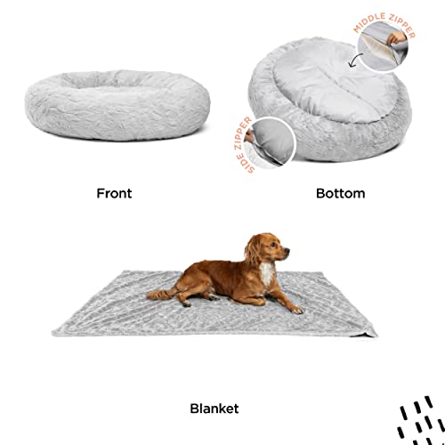 Best Friends by Sheri Bundle Set The Original Calming Lux Donut Cuddler Cat and Dog Bed + Pet Throw Blanket Gray Extra Large 45" x 45"