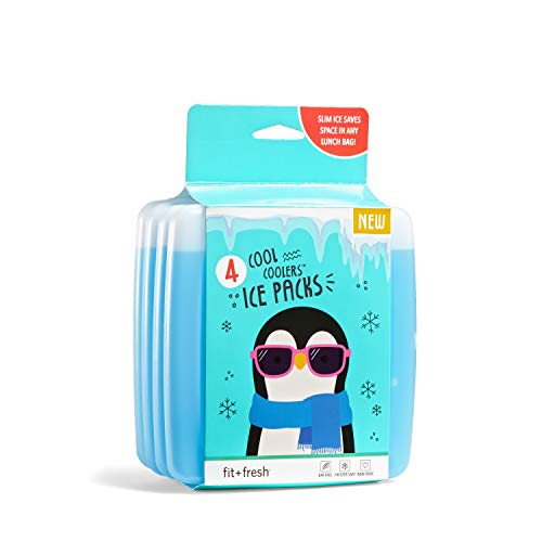 Cool Coolers by Fit + Fresh, Slim Ice Packs, Reusable & Long-Lasting, Perfect For Your Kid's Lunch Box, Camping Accessories, Insulated Lunch Bag, Beach Cooler Bag & More, Pack of 4, Blue