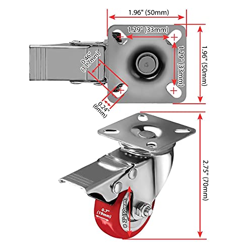 Online Best Service Caster Wheels Swivel Plate w/Brake On Red Polyurethane Wheels, 4 Pack, (2 inch with Brake)