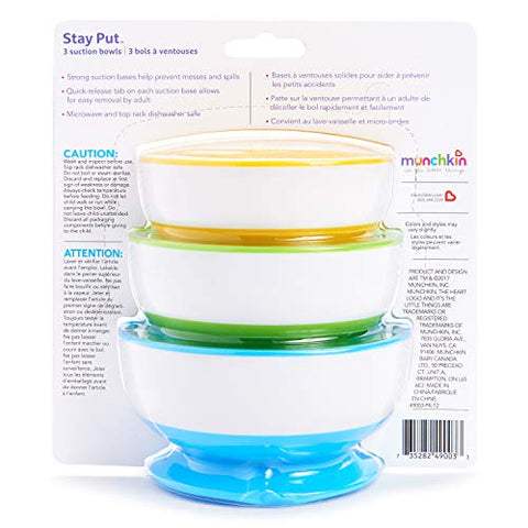 Munchkin Stay Put Suction Bowls for Babies and Toddlers, 3 Pack, Blue/Green/Yellow