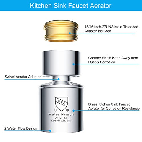 NSF Certified Faucet Aerator, CUPC Certification 360° Swivel Kitchen Sink Aerator by Waternymph, Dual-function 2-Flow Sprayer Faucet Head, Faucet Replacement Part 55/64 Inch Female Thread - Chrome