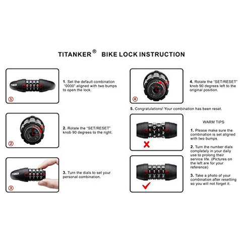 Titanker Bike Lock Cable, Kids Bike Cable Basic Self Coiling Combination Cable Bike Locks with Complimentary Mounting Bracket, 1/2 Inch Diameter