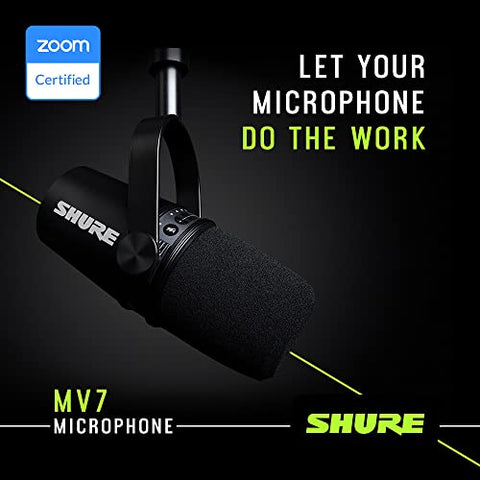 Shure MV7 USB Microphone for Podcasting, Recording, Live Streaming & Gaming, Built-in Headphone Output, All Metal USB/XLR Dynamic Mic, Voice-Isolating Technology, TeamSpeak & Zoom Certified – Black