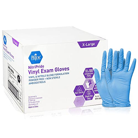Med PRIDE NitriPride Nitrile-Vinyl Blend Exam Gloves, X-Large 1000 - Powder Free, Latex Free & Rubber Free - Single Use Non-Sterile Protective Gloves for Medical Use, Cooking, Cleaning & More