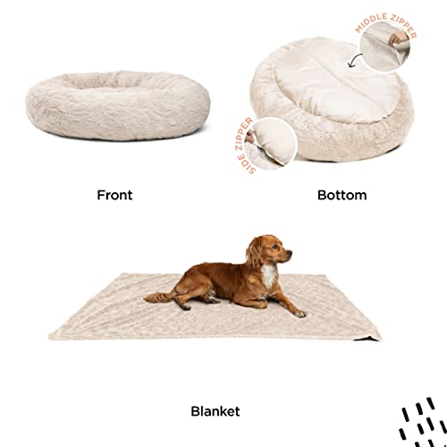 Best Friends by Sheri Bundle Set The Original Calming Lux Donut Cuddler Cat and Dog Bed + Pet Throw Blanket Oyster Large 36" x 36"
