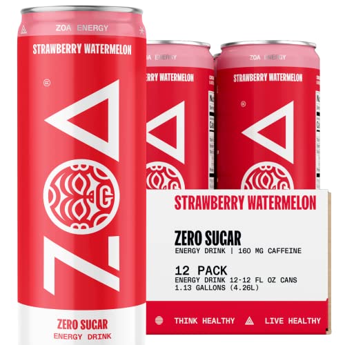 ZOA Zero Sugar Energy Drinks - Strawberry Watermelon | Healthy Energy Formula with Natural Caffeine, Daily Vitamin C, Essential B-Vitamins | Gluten Free, Keto Friendly | 12 Ounce Cans (Pack of 12)