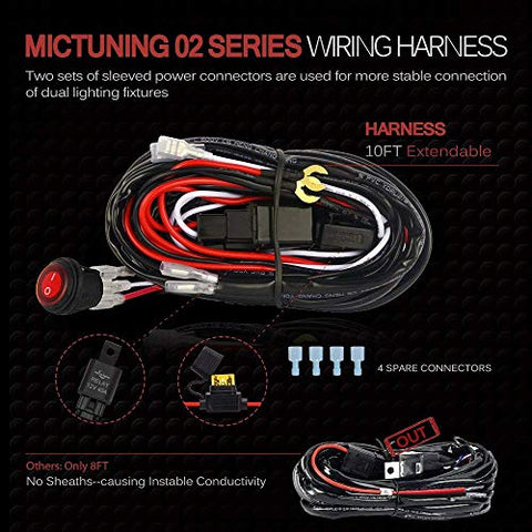 MICTUNING MIC-B1002 LED Light Bar Wiring Harness, Fuse 40A Relay On-off Waterproof Switch