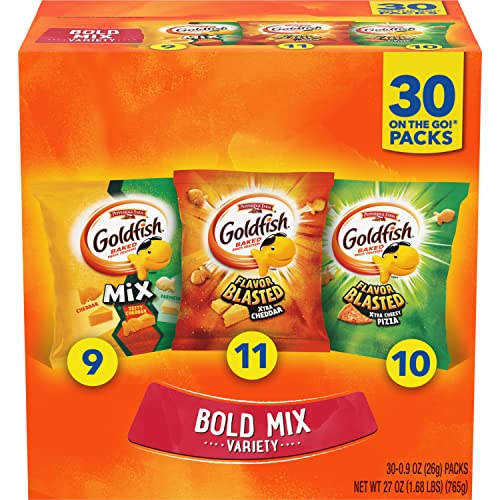 Goldfish Bold Mix Crackers with Cheesy Goldfish Mix, Flavor Blasted Xtra Cheddar and Flavor Blasted Cheesy Pizza, Snack Pack, 1 oz, 30 CT Multi-Pack Box
