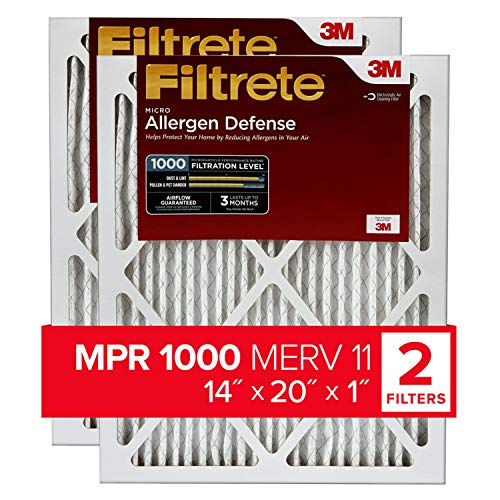 Filtrete 14x20x1 Air Filter MPR 1000 MERV 11, Allergen Defense, 2-Pack (exact dimensions 13.781x19.781x0.84)