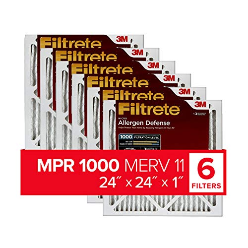 Filtrete 24x24x1, AC Furnace Air Filter, MPR 1000, Micro Allergen Defense, 6-Pack (exact dimensions 23.81 x 23.81 x 0.81)