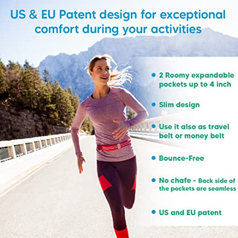 Running belt for women and men US Patented waist pack 2 Extendable Water-resistant pockets for your phone, key, money, passport, One size fits all