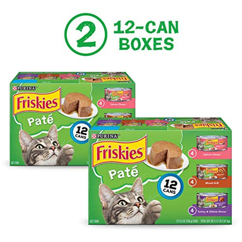 Purina Friskies Pate Wet Cat Food Variety Pack, Salmon, Turkey & Grilled - (2 Packs of 12) 5.5 oz. Cans