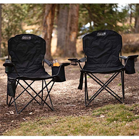 Coleman Camp Chair with 4-Can Cooler | Folding Beach Chair with Built In Drinks Cooler | Portable Quad Chair with Armrest Cooler for Tailgating, Camping & Outdoors , Black, Roomy seat: 24"