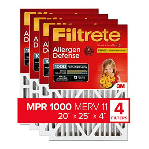 Filtrete 20x25x4 Air Filter MPR 1000 DP MERV 11, Allergen Defense, 4-Pack, Fits Lennox & Honeywell Devices (exact dimensions 19.88x24.63x4.31)