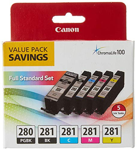 Canon PGI-280 / CLI-281 5 Color Ink Pack, Compatible to TS8120,TS6120,TR8520,TR7520, and TS9120 Wireless Printers, Multi, PGI-280 Full Standard Set