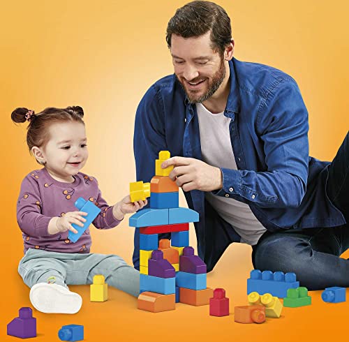 MEGA BLOKS 80-piece Building Blocks Toddler Toys with Storage Bag, Big Building Bag for Toddlers 1-3 - Blue