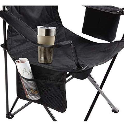 Coleman Camp Chair with 4-Can Cooler | Folding Beach Chair with Built In Drinks Cooler | Portable Quad Chair with Armrest Cooler for Tailgating, Camping & Outdoors , Black, Roomy seat: 24"