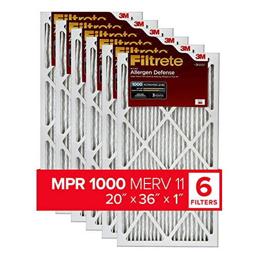 Filtrete 20x36x1, AC Furnace Air Filter, MPR 1000, Micro Allergen Defense, 6-Pack (exact dimensions 19.81 x 35.81 x 0.81)