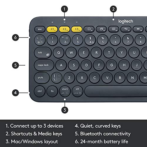 Logitech K380 Multi-Device Bluetooth Keyboard – Windows, Mac, Chrome OS, Android, iPad, iPhone, Apple TV Compatible – with Flow Cross-Computer Control and Easy-Switch up to 3 Devices – Dark Grey