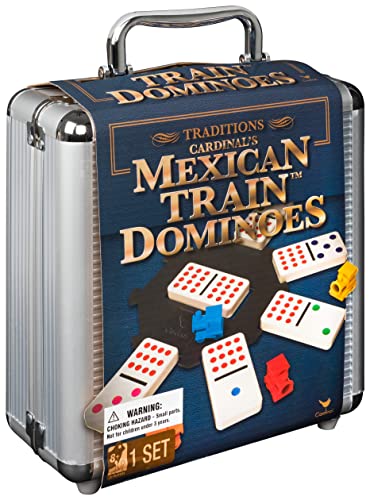 Mexican Train Dominoes Set Tile Board Game in Aluminum Carry Case with Colorful Trains for Family Game Night, for Adults and Kids Ages 8 and up