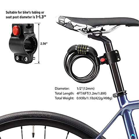 Titanker Bike Lock Cable, Kids Bike Cable Basic Self Coiling Combination Cable Bike Locks with Complimentary Mounting Bracket, 1/2 Inch Diameter