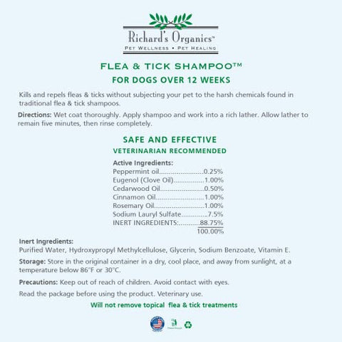 Richard’s Organics Flea and Tick Shampoo for Dogs – 100% All-Natural Actives Kills Fleas, Ticks and Repels Mosquitos – Flea Shampoo is Gentle, Won’t Dry Skin, Great Smelling Essential Oils (12oz bottle),FG00440