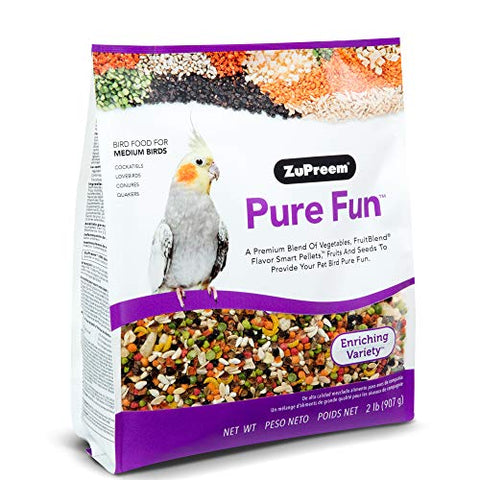 ZuPreem Pure Fun Bird Food for Medium Birds, 2 lb - Variety Blend of Vegetables, FruitBlend Pellets, Fruit, Seeds for Lovebirds, Quakers, Small Conures, Cockatiels
