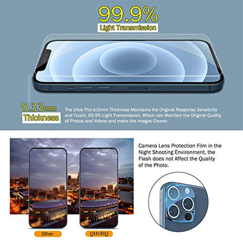 QHOHQ 3 Pack Screen Protector for iPhone 12 Pro Max 6.7" with 2 Pack Tempered Glass Camera Lens Protector, Ultra HD, 9H Hardness, Scratch Resistant, Easy Install - Case Friendly