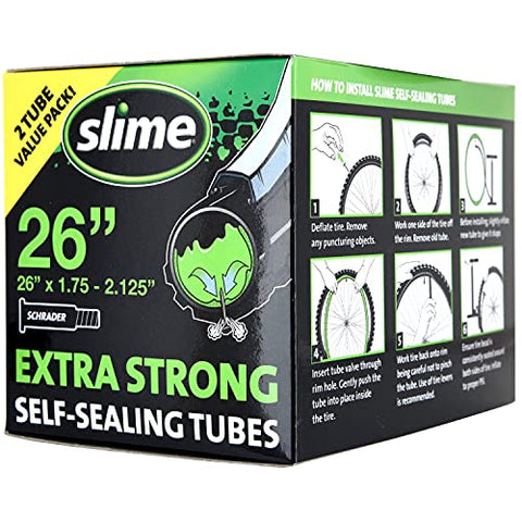 Slime 30074 Bike Inner Tubes with Slime Puncture Sealant, Extra Strong, Self Sealing, Prevent and Repair, Schrader Valve, 26" x1.75-2.125", Value 2-Pack
