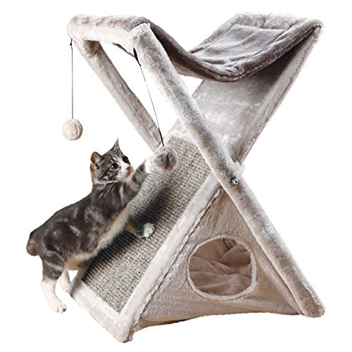 TRIXIE Miguel Fold and Store Cat Hammock, Dangling Cat Toy, Scratching Pad, Cat Cave, Taupe/Light Gray