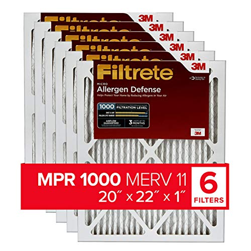 Filtrete 20x22x1, AC Furnace Air Filter, MPR 1000, Micro Allergen Defense, 6-Pack (exact dimensions 19.81 x 21.81 x 0.81)