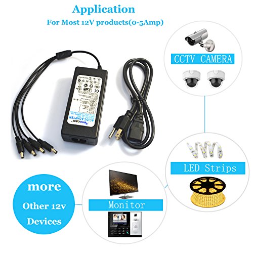 Xenocam 100V - 240V to DC 12V 5A Switching Power Supply Adapter 1 to 4 Power Splitter for Security Cameras and LED Strip Light