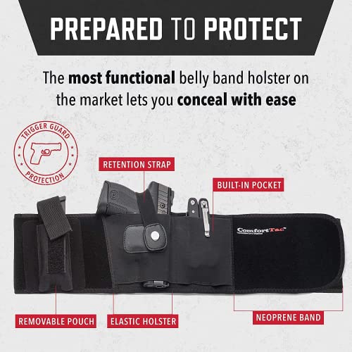 ComfortTac Gun Holsters for Every Day Carry - Ultimate Belly Band Pistol Holster for Men & Women, Belt Compatible with Smith and Wesson, Shield, Glock - Firearm Accessories, Black