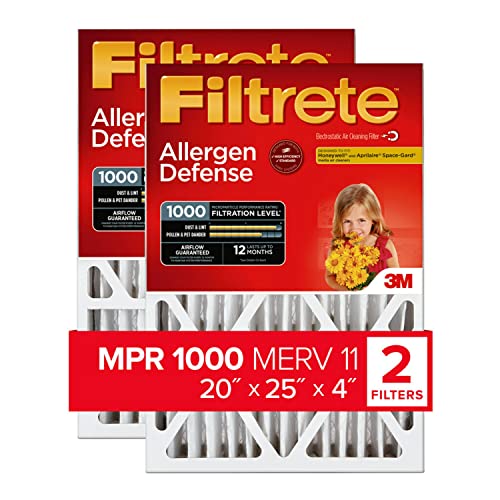 Filtrete 20x25x4 Air Filter MPR 1000 DP MERV 11, Micro Allergen Defense Deep Pleat, 2-Pack, Fits Lennox & Honeywell Devices (exact dimensions 19.88x24.63x4.31)