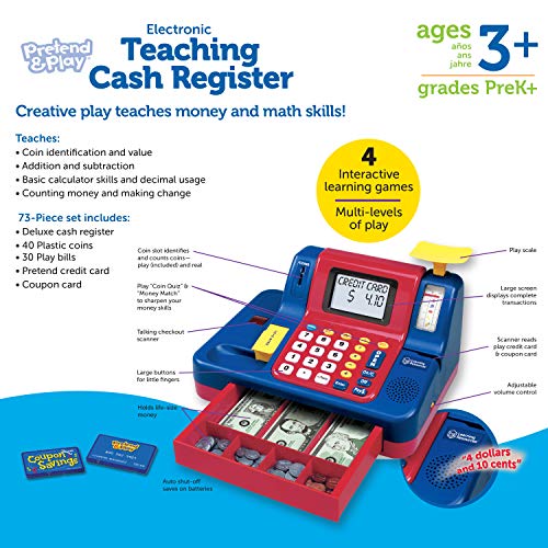 Learning Resources Pretend & Play Teaching Cash Register, 73 Piece Set, Ages 3+, Talking Register, Counting Activities, Money Management, Easter Basket Stuffers