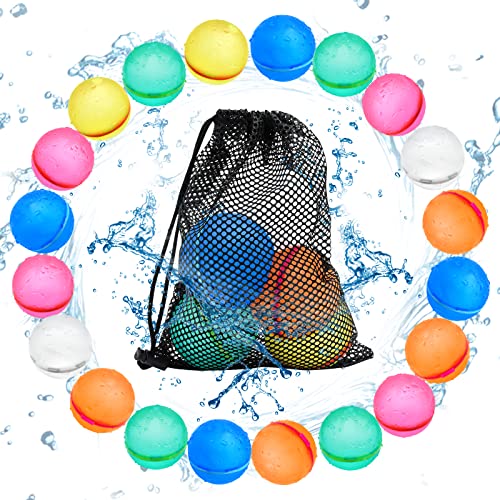 SOPPYCID Reusable Water Bomb Balloons, Latex-Free Silicone Water Ball with Mesh Bag, Self-Sealing Water Bomb for Kids Adults Outdoor Activities Water Games Toy Summer Fun Party Supplies (20Pcs)