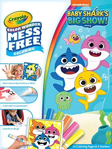 Crayola Baby Shark Color Wonder Set, 24 Mess Free Coloring Pages & 5 Markers, Gift for Kids, Age 3, 4, 5, 6 [Amazon Exclusive]