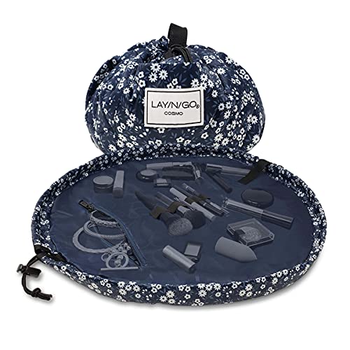 Lay-n-Go Cosmo Drawstring Cosmetic & Makeup Bag Organizer, Toiletry Bag for Travel, Gifts, and Daily Use, 20 inch, Navy Floral