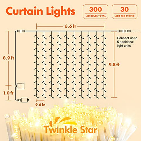 Twinkle Star 300 LED Window Curtain String Light Wedding Party Home Garden Bedroom Outdoor Indoor Wall Decorations, Warm White