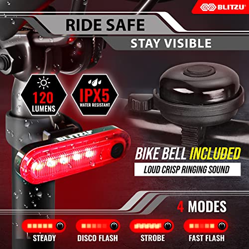BLITZU 2023 Bike Lights Set with Bell USB-C Rechargeable. Bicycle Accessories for Night Riding, Cycling. Powerful Front Headlight, Back Rear LED Taillight. Road Safety for Men, Women, Kids.