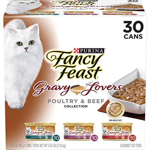 Purina Fancy Feast Gravy Wet Cat Food Variety Pack, Gravy Lovers Poultry & Beef Feast Collection - (30) 3 oz. Cans