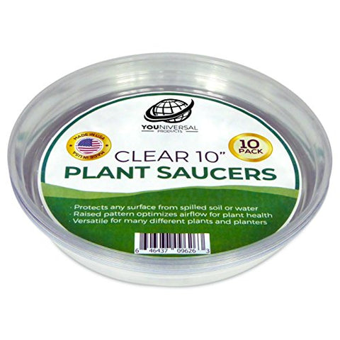 Plant Saucers (Pack of 10) - 10” Clear Durable Plant Saucer for Indoor & All-Weather Outdoor Use - Catch Dirt & Water from Plant Pots to Stop Messes & Stains in Your Home & Garden