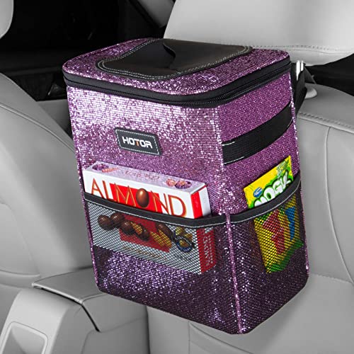 HOTOR Car Trash Can with Lid and Storage Pockets, 100% Leak-Proof Car Organizer, Waterproof Car Garbage Can, Multipurpose Trash Bin for Car - Sparkle Purple