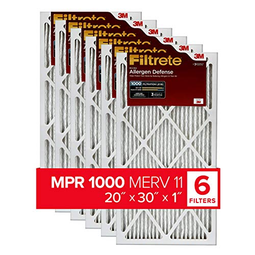 Filtrete 20x30x1 Air Filter MPR 1000 MERV 11, Allergen Defense, 6-Pack (exact dimensions 19.81 x 29.81 x 0.81)