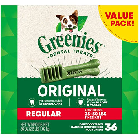 GREENIES Original Regular Natural Dog Dental Care Chews Oral Health Dog Treats, 36 oz. Pack (36 Treats)