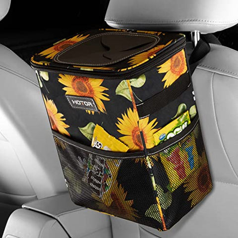 HOTOR 3 Gallons Car Trash Can, Ultra Large Capacity Car Organizer and Storage with Adjustable Straps & Magnetic Snaps, Waterproof Car Accessory for Interior Car Stuff Storage, Sunflower